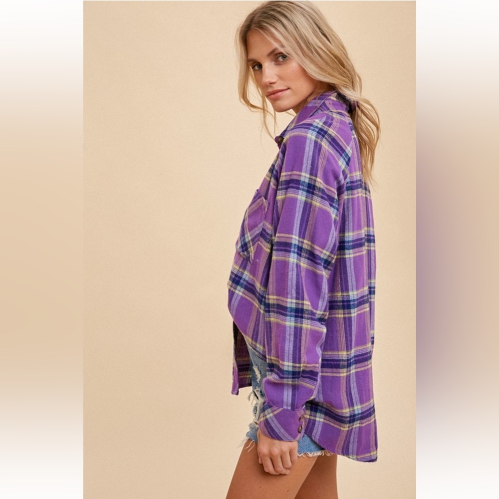 968. Hem & Thread Oversized Plaid Cotton Button Down Top Purple New Item NWT - Picture 4 of 6